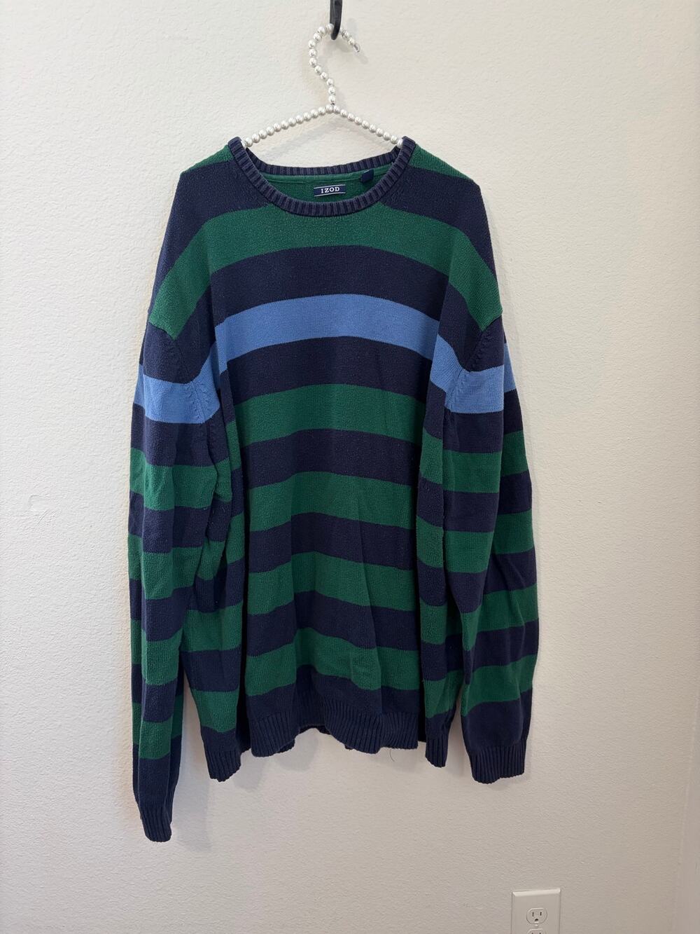 IZOD Mens Size 4XLT Tall Striped Sweater Preppy Blue Green Cotton Knit Pullover